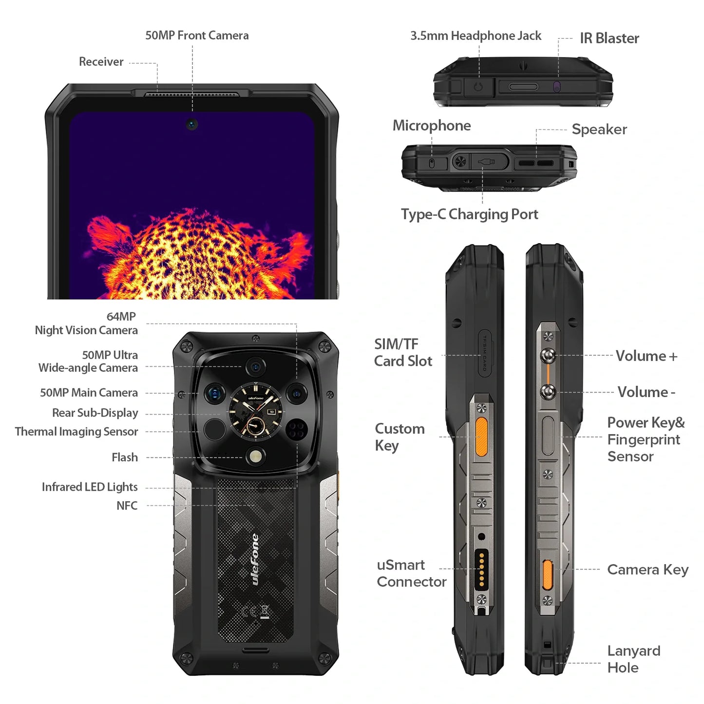 Ulefone Armor 28 Ultra Thermal 5G Rugged Phone with Thermal Camera, 10600mAh Battery 120W Fast Charge, 6.67" AMOLED Dual Screen IP68 Waterproof, 32GB+1TB Android 15, 50MP Sony 1" Sensor, NFC