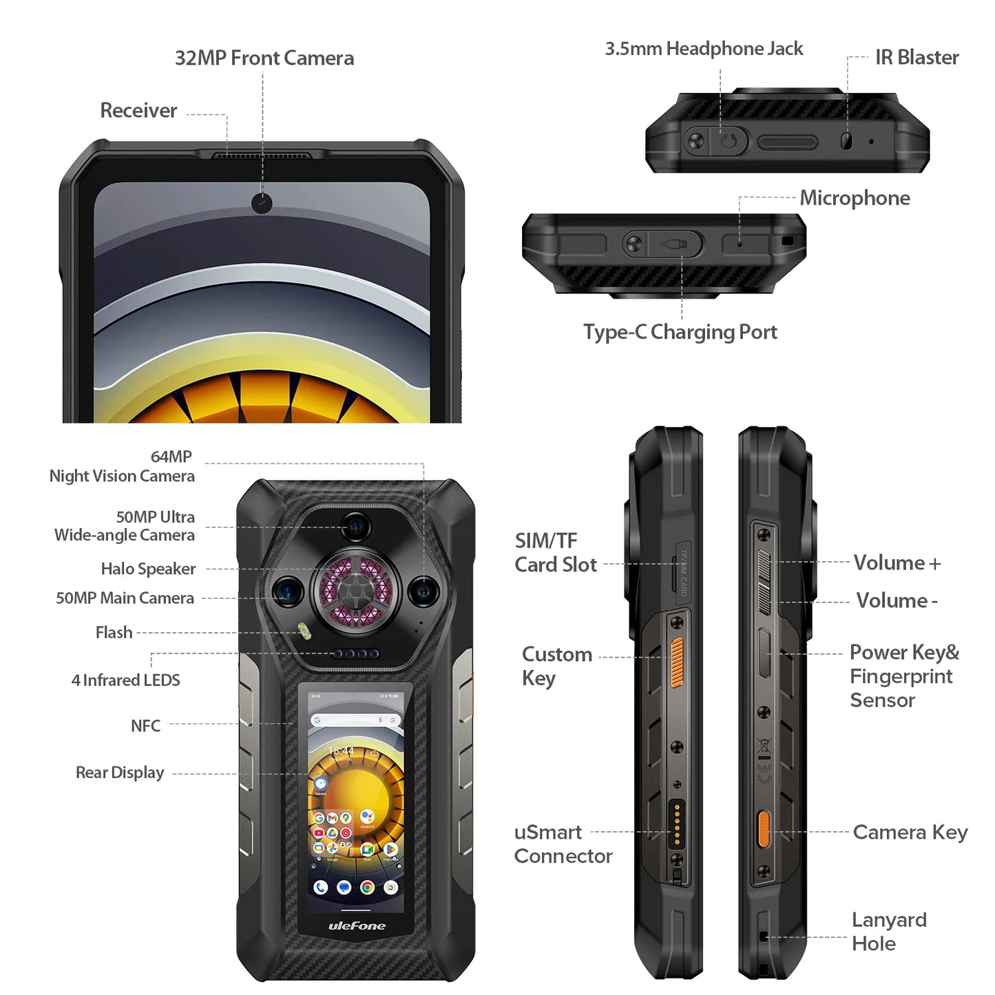 Ulefone Armor 30 PRO 5G Rugged Phone with Dual Screen, 12800mAh Battery 66W Fast Charge, 6.95" FHD+ IP68 Waterproof, 32GB+512GB Android 14, 50MP Camera, NFC