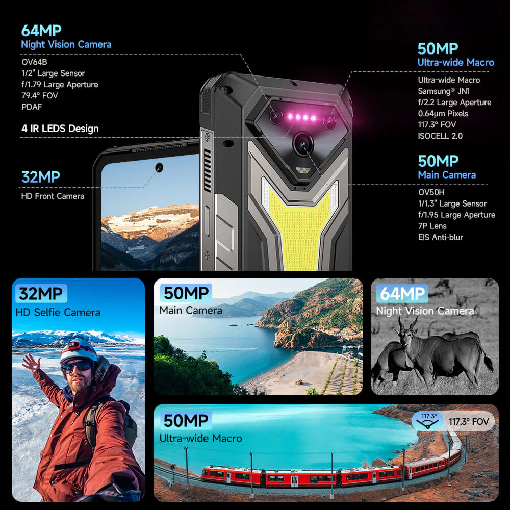 Ulefone Armor 34 Plus 5G Rugged Phone with 1100LM Camping Light, 25500mAh Battery 66W Fast Charge, 6.95" FHD+ IP68 Waterproof, 16GB+512GB Android 15, 50MP Camera, NFC