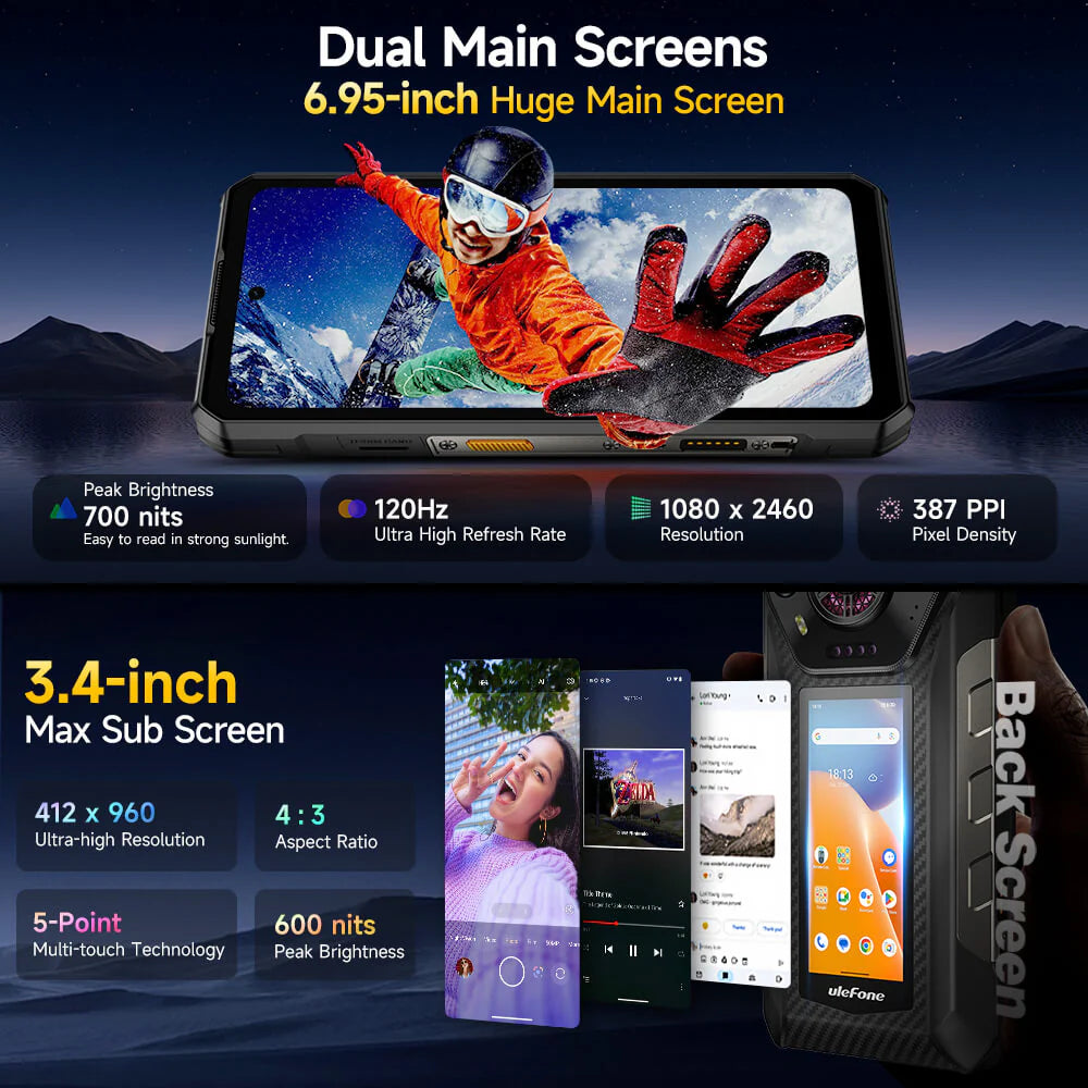 Ulefone Armor 30 PRO 5G Rugged Phone with Dual Screen, 12800mAh Battery 66W Fast Charge, 6.95" FHD+ IP68 Waterproof, 32GB+512GB Android 14, 50MP Camera, NFC