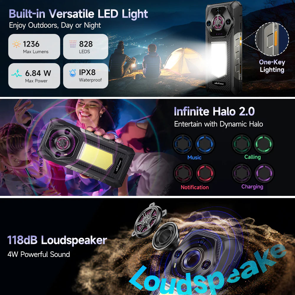 Ulefone Armor 30 4G Rugged Phone with Infinite Halo, 12800mAh Battery 66W Fast Charge, 6.95" FHD+ IP68 Waterproof, 12GB+512GB Android 15, 64MP Camera, NFC