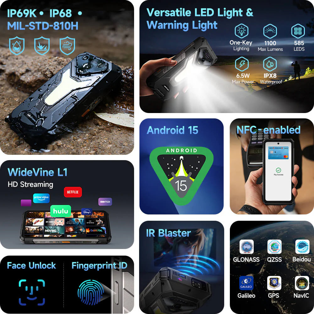 Ulefone Armor 34 Plus 5G Rugged Phone with 1100LM Camping Light, 25500mAh Battery 66W Fast Charge, 6.95" FHD+ IP68 Waterproof, 16GB+512GB Android 15, 50MP Camera, NFC