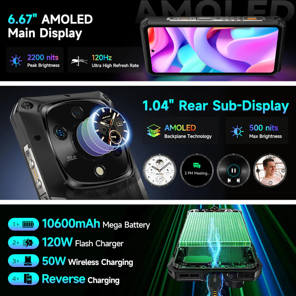 Ulefone Armor 28 Ultra 5G Rugged Phone with Dual AMOLED Display, 10600mAh Battery 120W Fast Charge, 6.67" FHD+ IP68 Waterproof, 32GB+1TB Android 15, 50MP 1" Sensor Camera, NFC