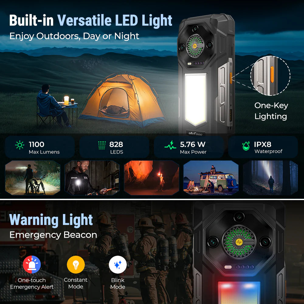 Ulefone Armor 33 4G Rugged Phone with 1100LM Camping Light, 25500mAh Battery 66W Fast Charge, 6.95" FHD+ IP68 Waterproof, 12GB+512GB Android 15, 50MP Camera, NFC