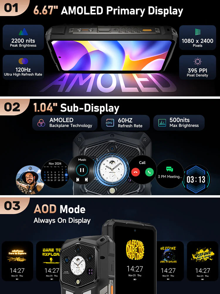 Ulefone Armor 29 PRO 5G Rugged Phone with Dual Display, 21200mAh Battery 120W Fast Charge, 6.67" FHD+ AMOLED IP68 Waterproof, 32GB+512GB Android 15, 64MP Night Vision Camera, NFC