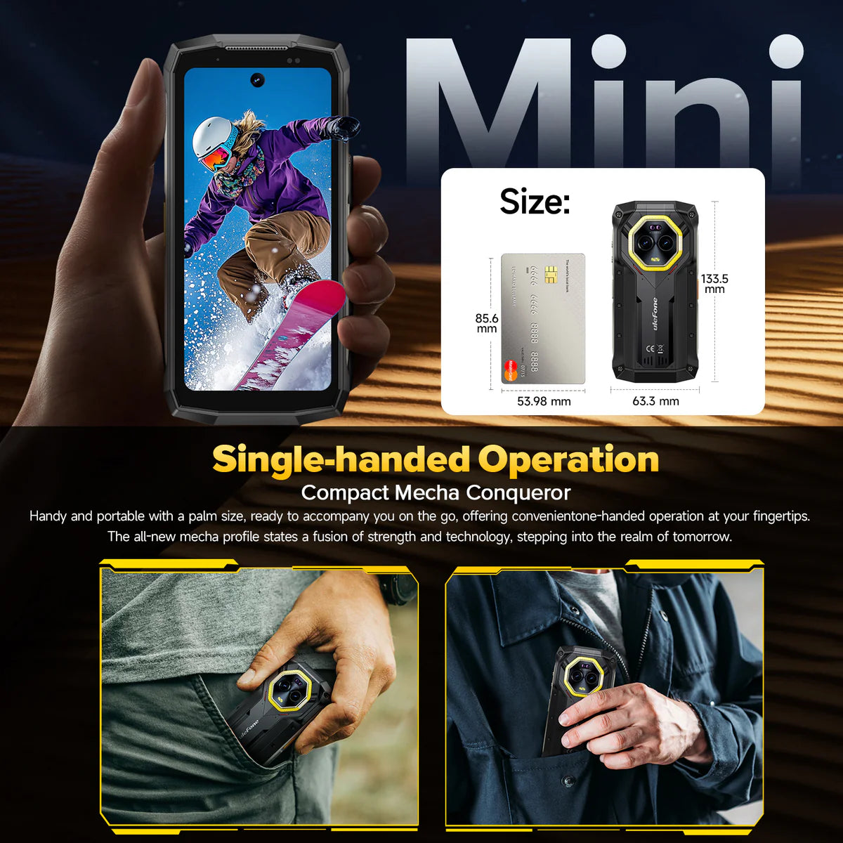 Ulefone Armor Mini 20 5G Rugged Phone with LED Camping Light, 6200mAh Battery 33W Fast Charge, 4.7" 90Hz IP68 Waterproof, 16GB+256GB Android 14, 50MP Camera, NFC, Body Temperature