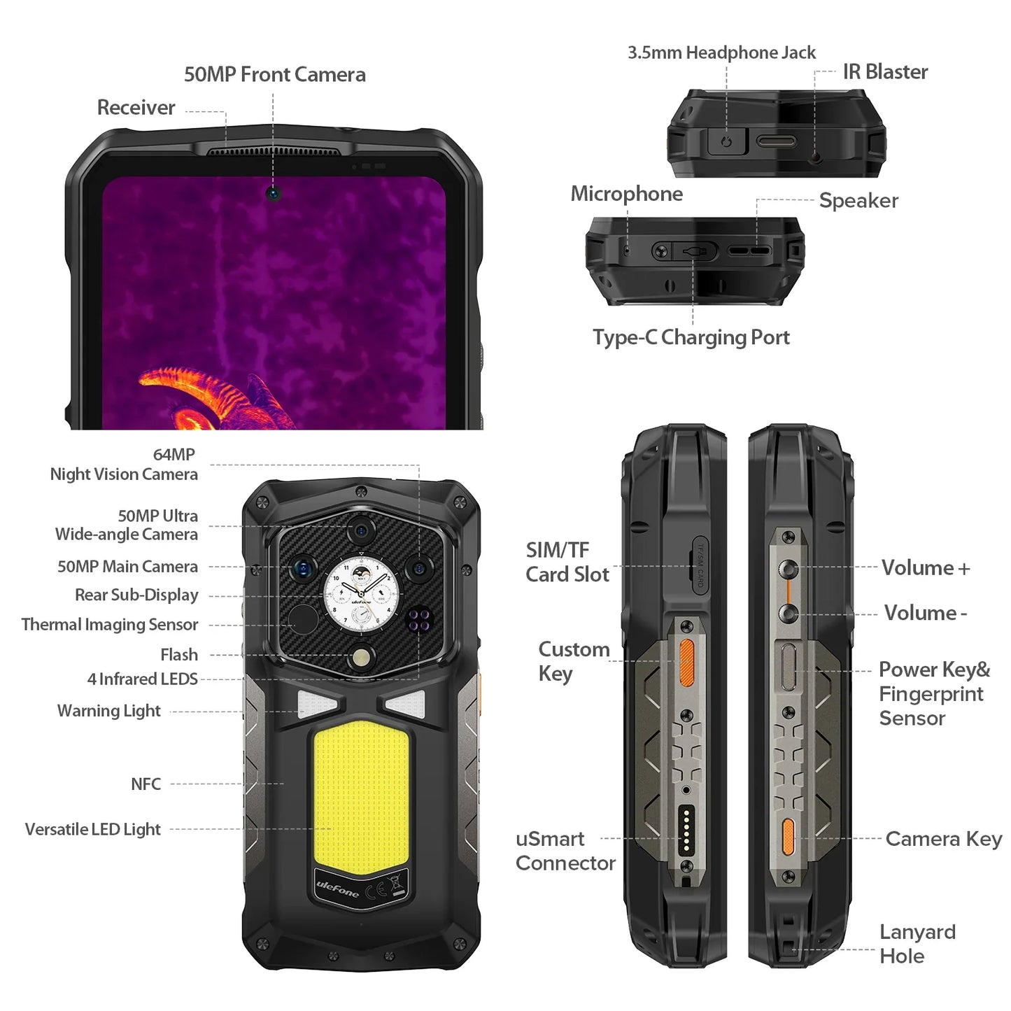 Ulefone Armor 29 PRO Thermal 5G Rugged Phone with Thermal Camera, 21200mAh Battery 120W Fast Charge, 6.67" AMOLED IP68 Waterproof, 16GB+512GB Android 15, 50MP Camera, NFC