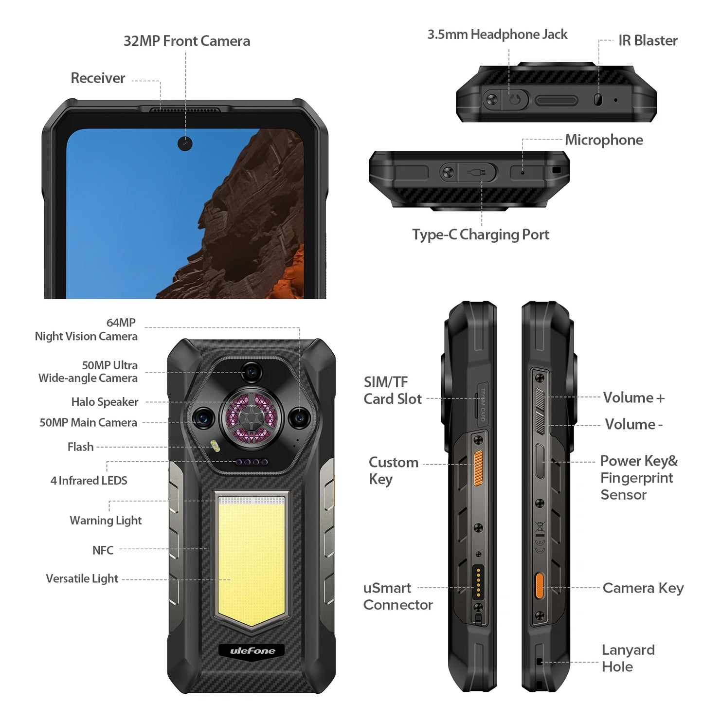Ulefone Armor 30 4G Rugged Phone with Infinite Halo, 12800mAh Battery 66W Fast Charge, 6.95" FHD+ IP68 Waterproof, 12GB+512GB Android 15, 64MP Camera, NFC